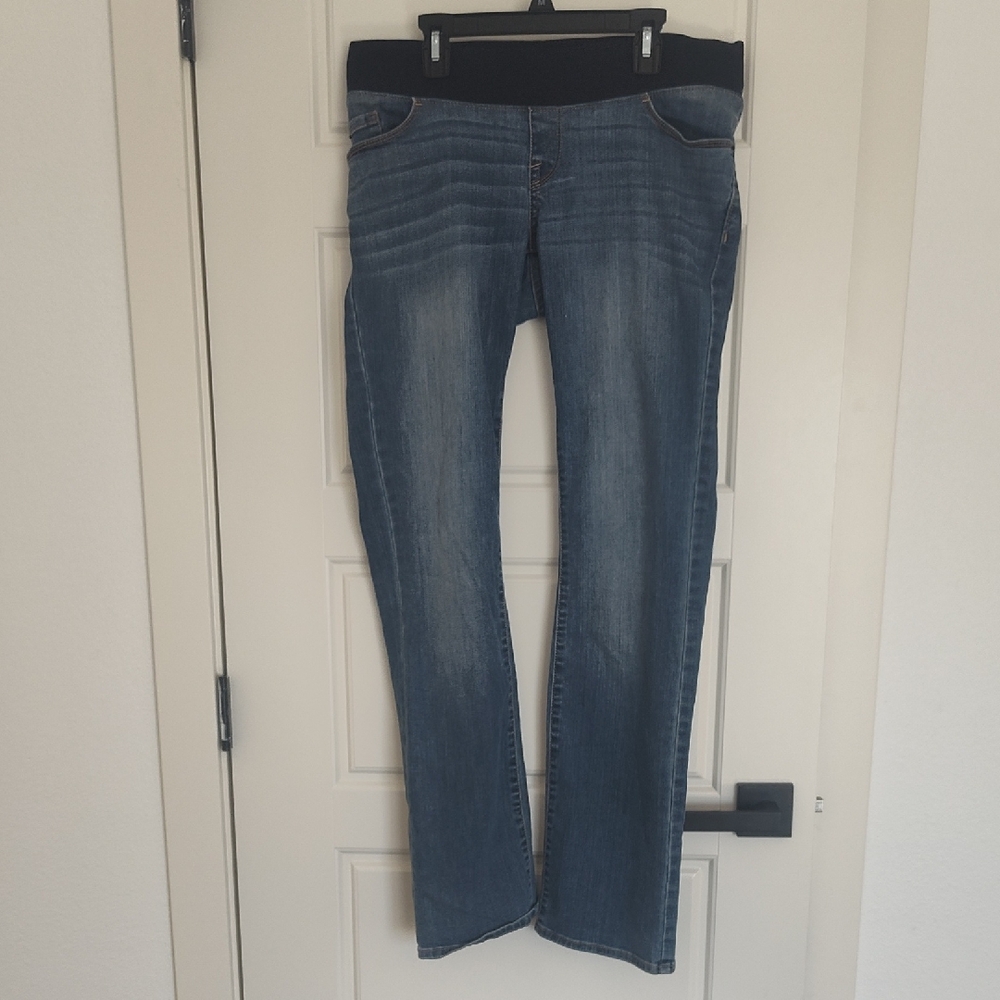 Liz Lange Medium Blue High-Rise Maternity Jeans with Black Waist Panel